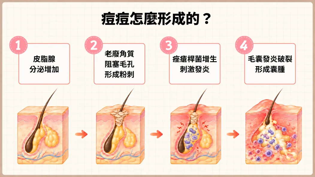 痘痘怎麼形成的？四個階段的剖面示意圖：皮脂腺分泌增加；老廢角質阻塞毛孔形成粉刺；痤瘡桿菌增生刺激發炎；毛囊發炎破裂形成囊腫