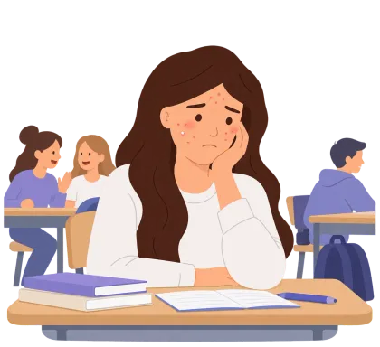 青春痘示意插圖：臉上長痘痘的女學生在教室裡托著臉，神情煩惱