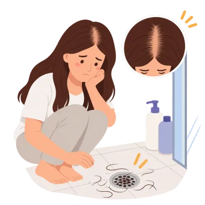 女性形態落髮示意插圖：女性看著排水孔的落髮，頭頂分線變寬