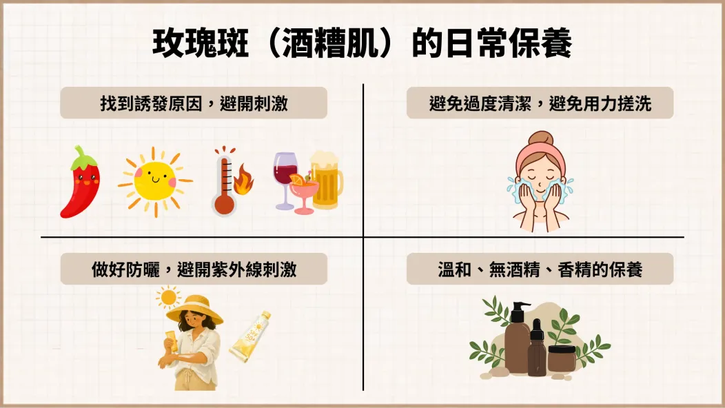 玫瑰斑(酒糟肌)的日常保養:找到誘發原因並避開刺激、避免過度清潔與用力搓洗、做好防曬避開紫外線、使用溫和且無酒精與香精的保養品